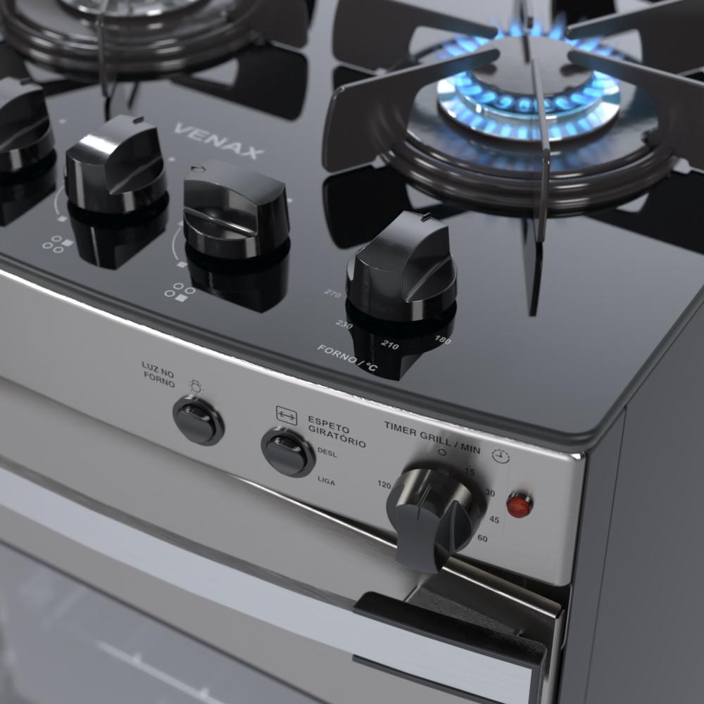 Fogao a Gas 4 Bocas Venax Gaudi Vetro Vitreo Inox