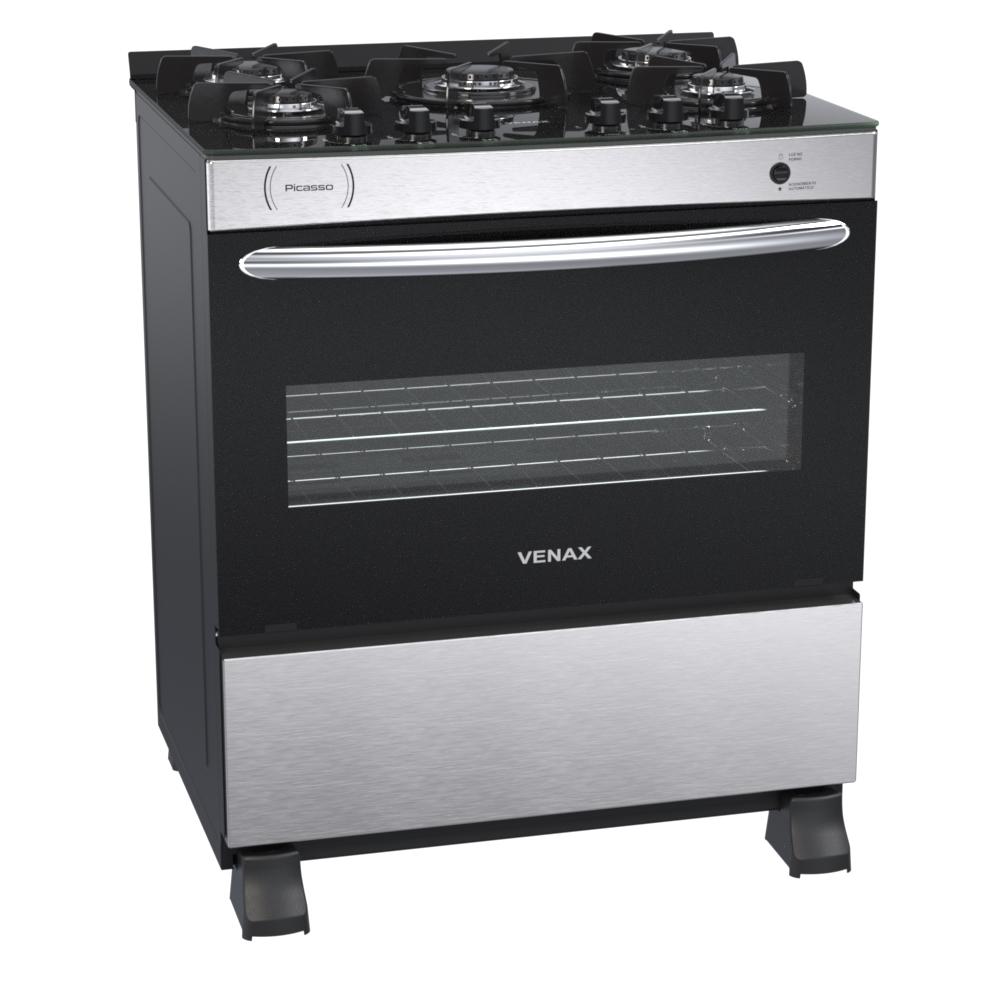 Fogao a Gas 5 Bocas Venax Picasso Vitreo Inox