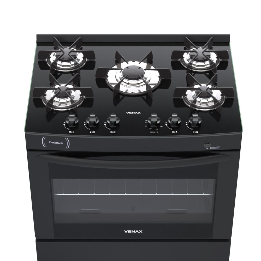 Fogao a Gas 5 Bocas Venax Delplus Vitreo BL Preto