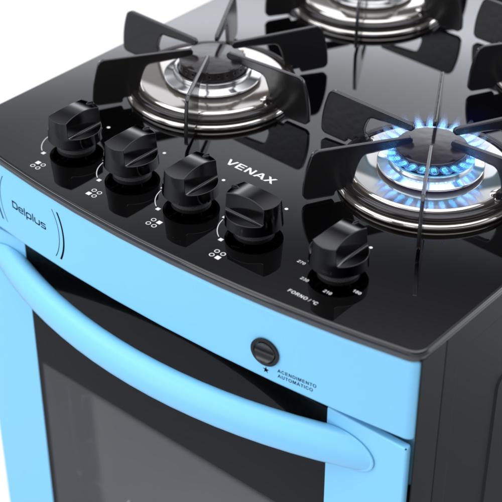 Fogao a Gas 4 Bocas Venax Delplus Vitreo BL Azul