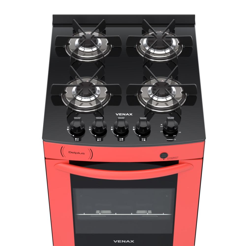 Fogao a Gas 4 Bocas Venax Delplus Vitreo BL Vermelho