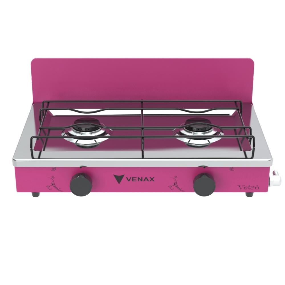 Fogao a Gas Portatil 2 Bocas Venax Flamalar Vetro Pink