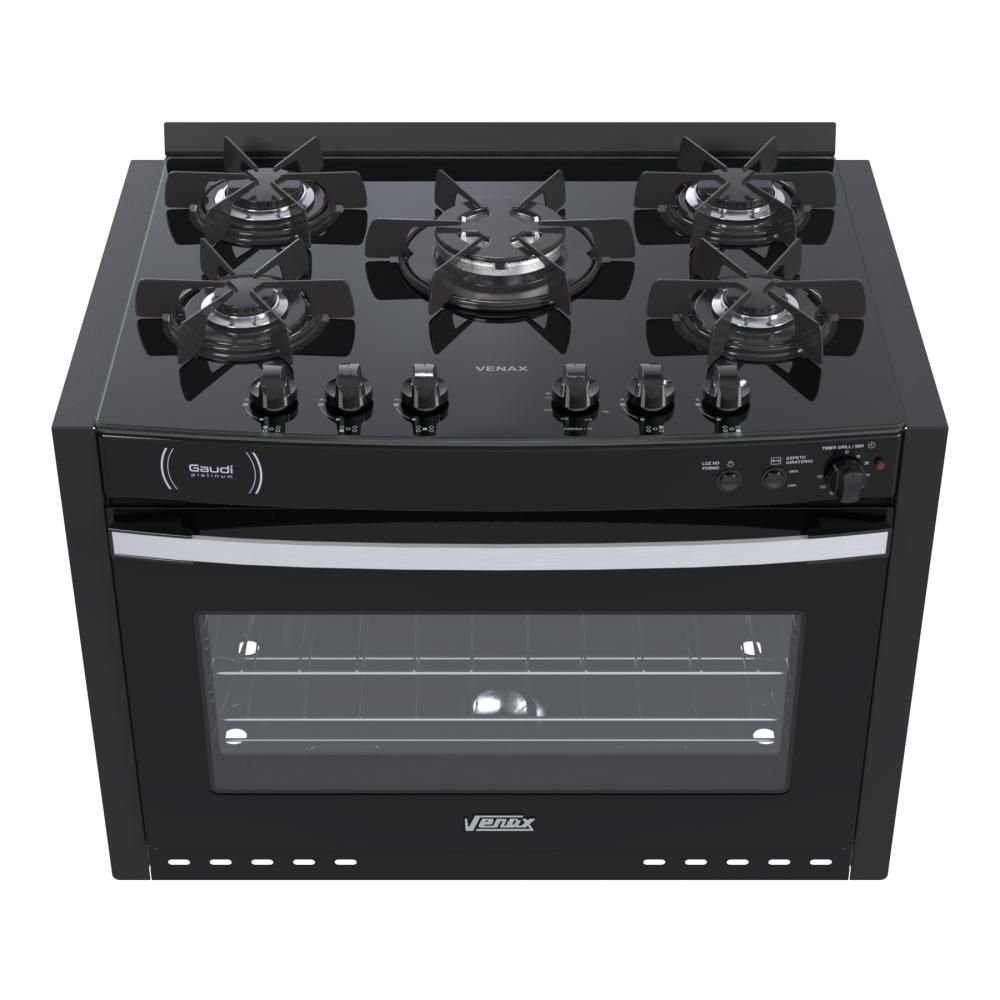Fogao a Gas de Embutir 5 Bocas Venax Gaudi Platinum Vitreo Preto