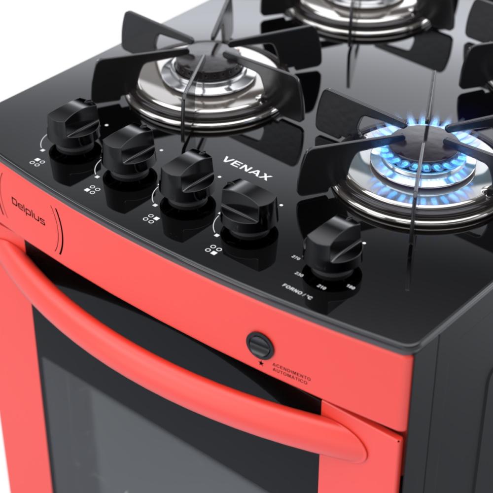 Fogao a Gas 4 Bocas Venax Delplus Vitreo BL Vermelho