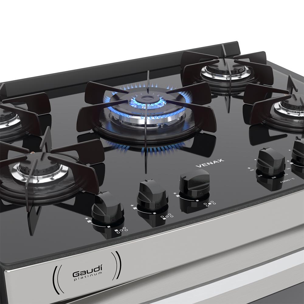 Fogao a Gas de Embutir 5 Bocas Venax Gaudi Platinum Vitreo Inox