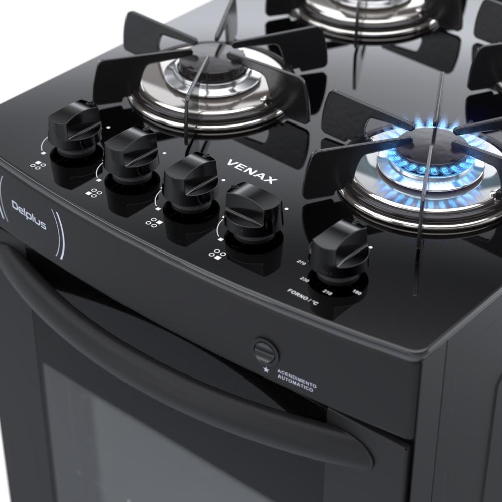 Fogao a Gas 4 Bocas Venax Delplus Vitreo BL Preto