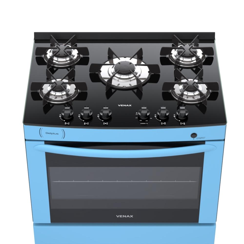 Fogao a Gas 5 Bocas Venax Delplus Vitreo BL Azul