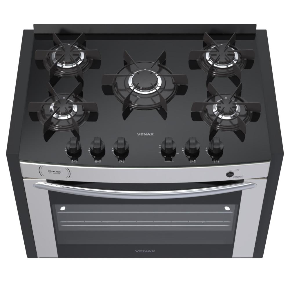 Fogao a Gas de Embutir 5 Bocas Venax Gaudi Prisma Vitreo Inox