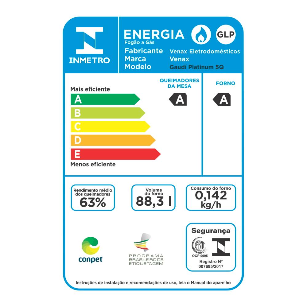 Fogao a Gas de Embutir 5 Bocas Venax Gaudi Platinum GII Inox