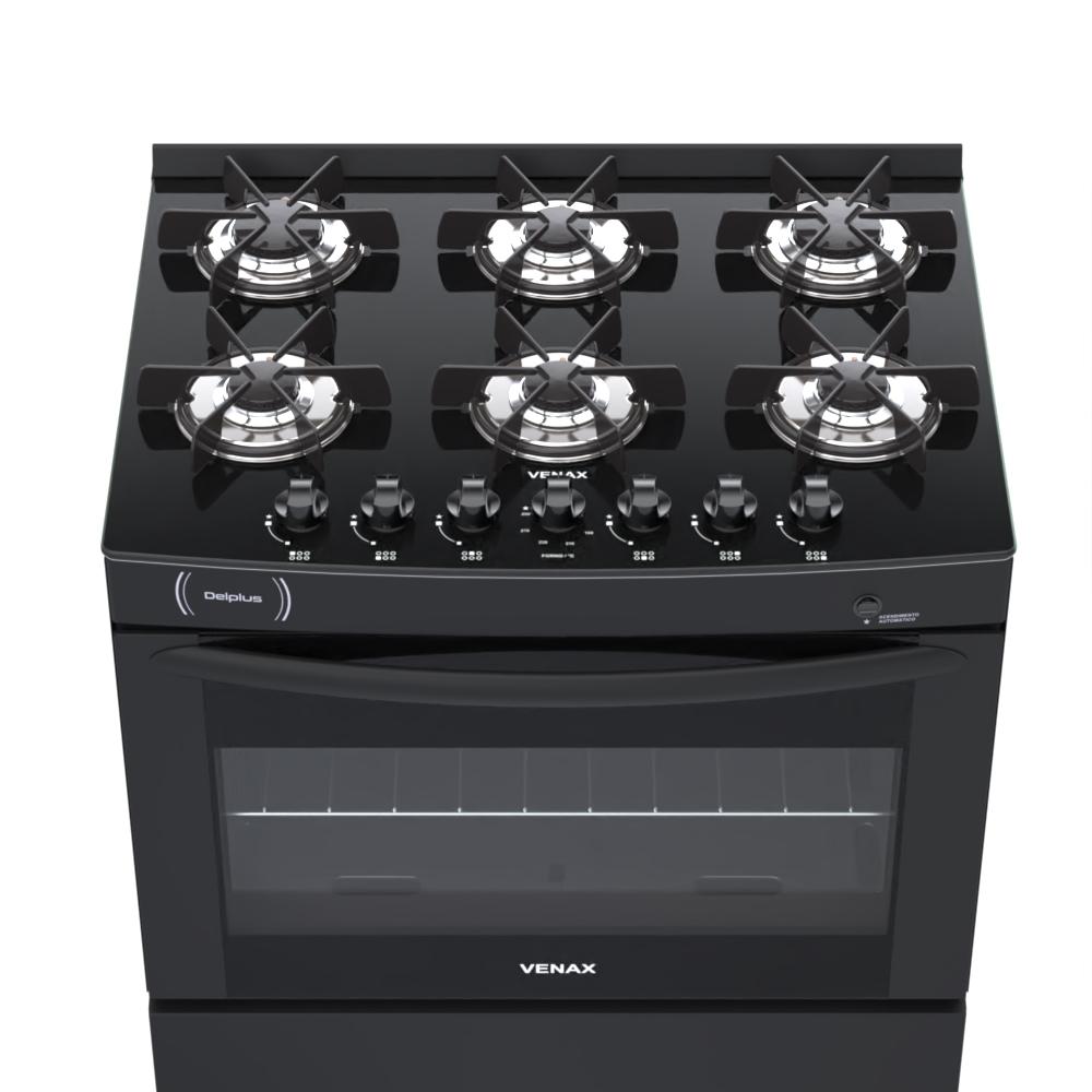 Fogao a Gas 6 Bocas Venax Delplus Vitreo BL Preto