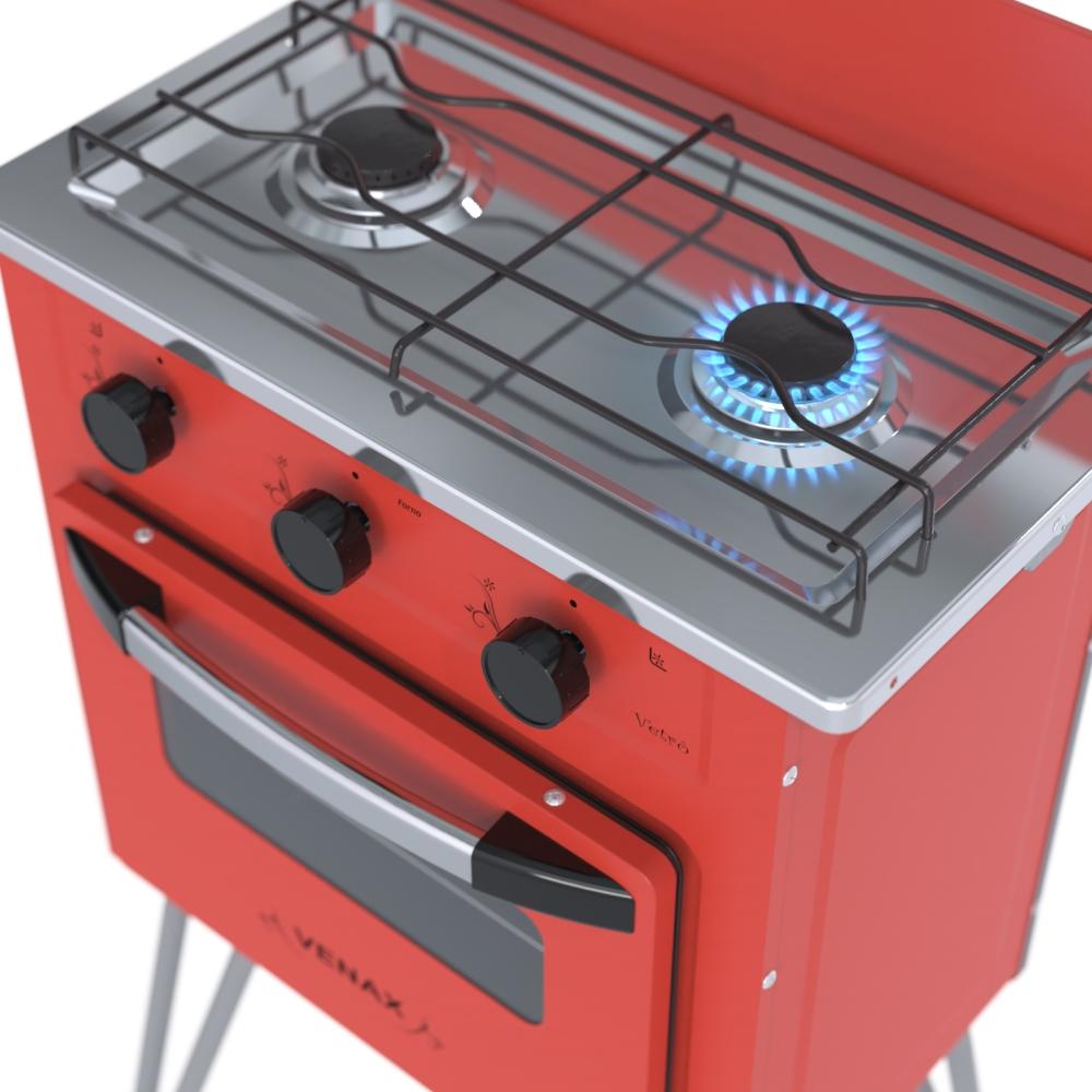Fogao a Gas 2 Bocas com Forno Venax Gemini Vetro Vermelho