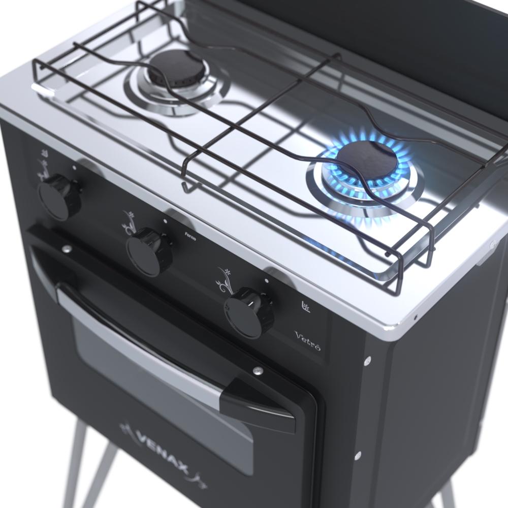 Fogao a Gas 2 Bocas com Forno Venax Gemini Vetro Preto