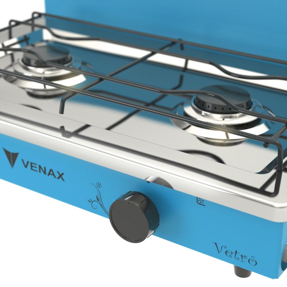 Fogao a Gas Portatil 2 Bocas Venax Flamalar Vetro Azul