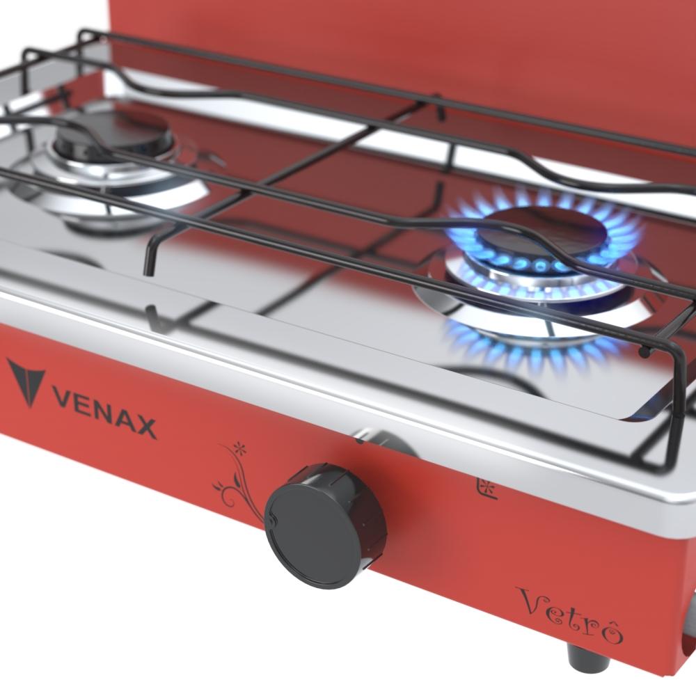 Fogao a Gas Portatil 2 Bocas Venax Flamalar Vetro Vermelho