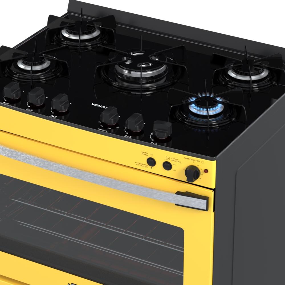 Fogao a Gas 5 Bocas Venax Gaudi Vetro Vitreo Amarelo