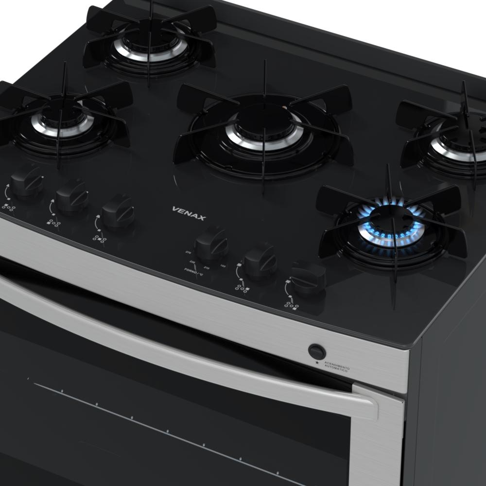 Fogao a Gas 5 Bocas Venax Delplus Vitreo BL Inox