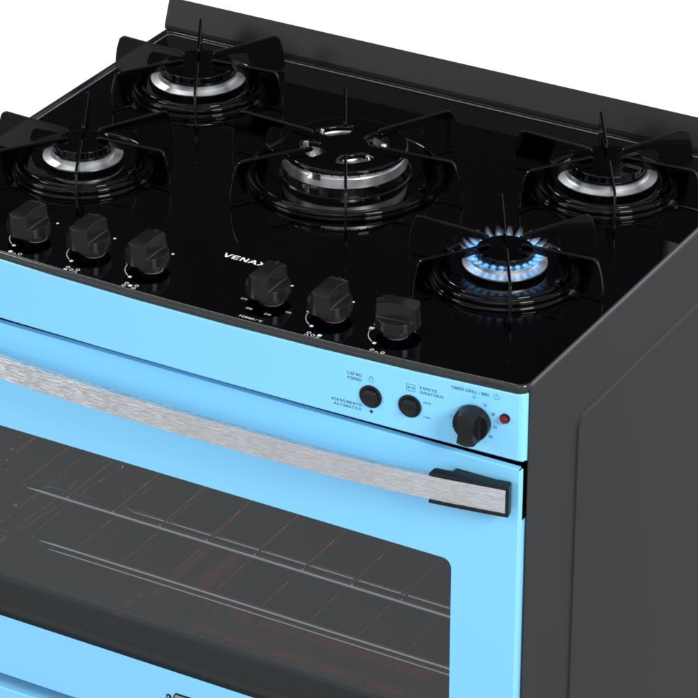 Fogao a Gas 5 Bocas Venax Gaudi Vetro Vitreo Azul