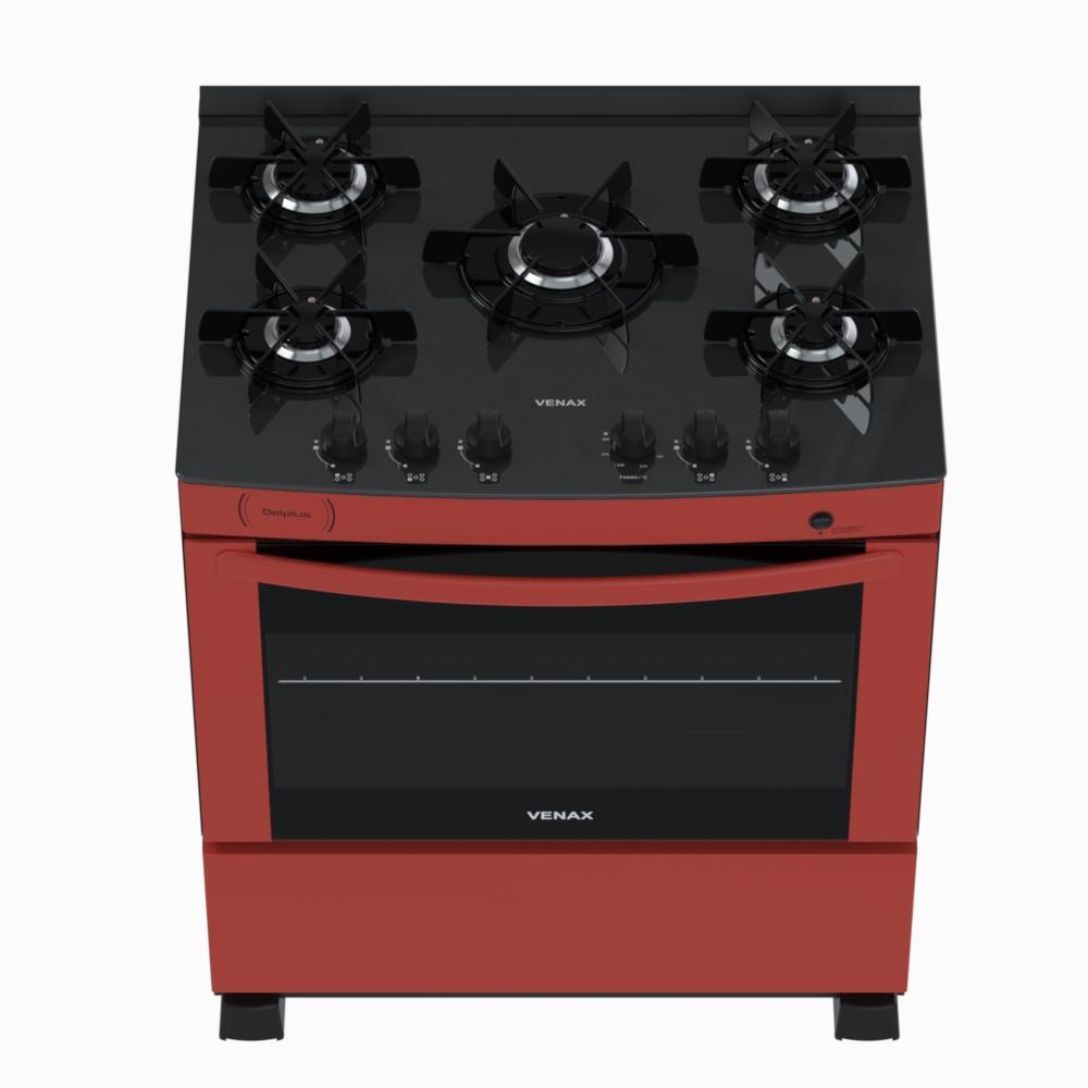 Fogao a Gas 5 Bocas Venax Delplus Vitreo BL Vermelho