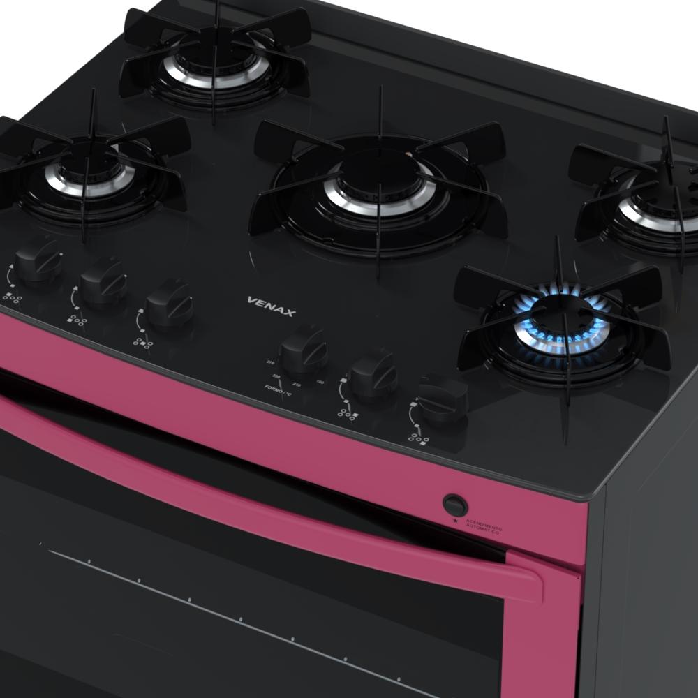 Fogao a Gas 5 Bocas Venax Delplus Vitreo BL Pink