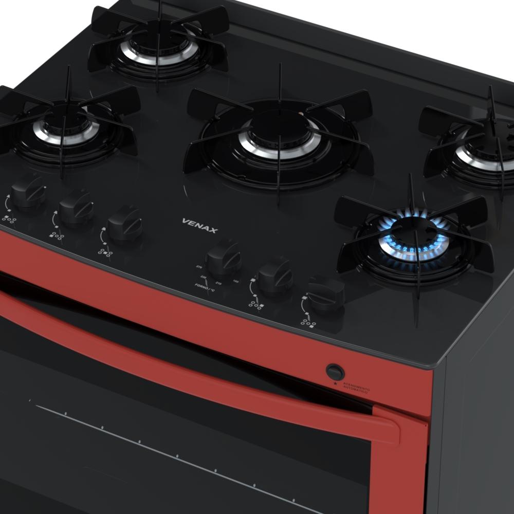 Fogao a Gas 5 Bocas Venax Delplus Vitreo BL Vermelho