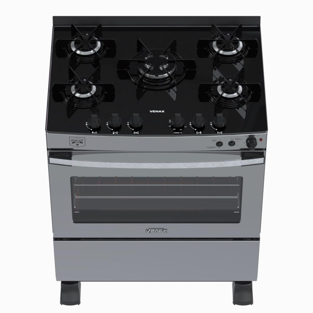 Fogao a Gas 5 Bocas Venax Gaudi Vetro Vitreo Inox