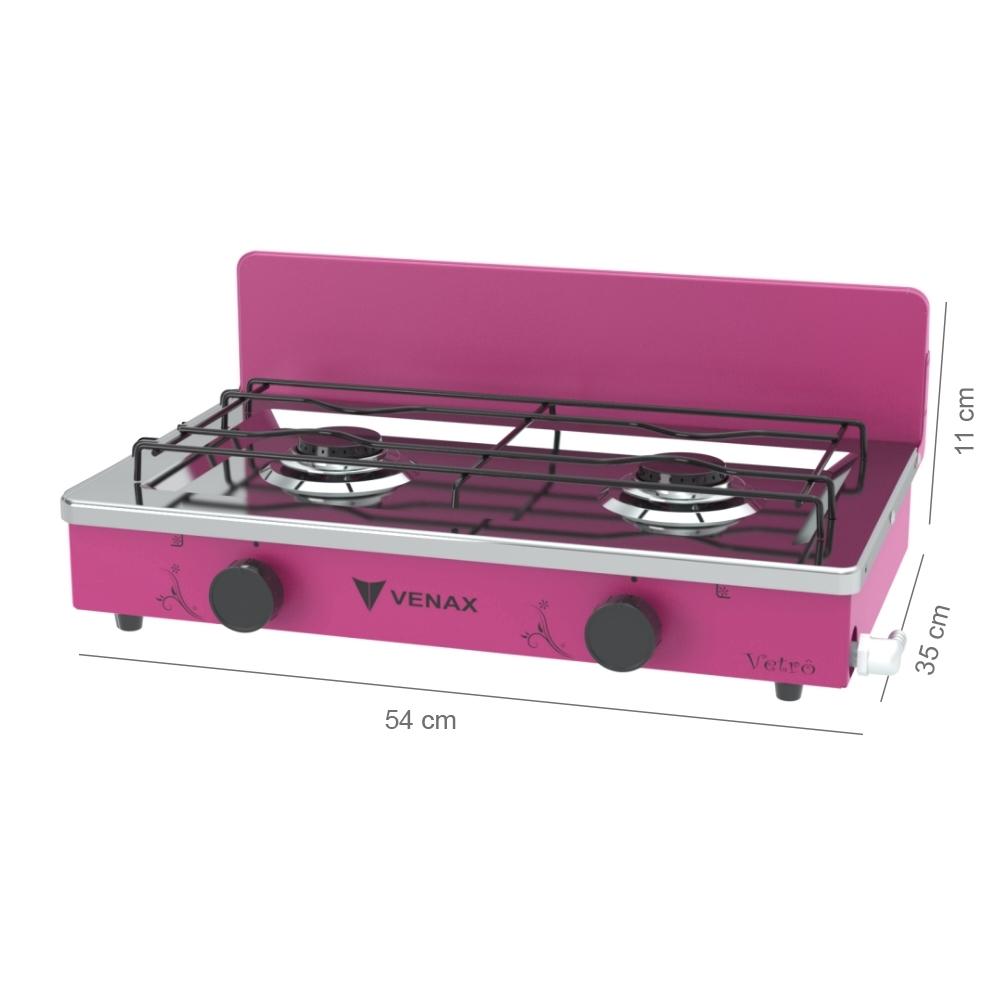 Fogao a Gas Portatil 2 Bocas Venax Flamalar Vetro Pink