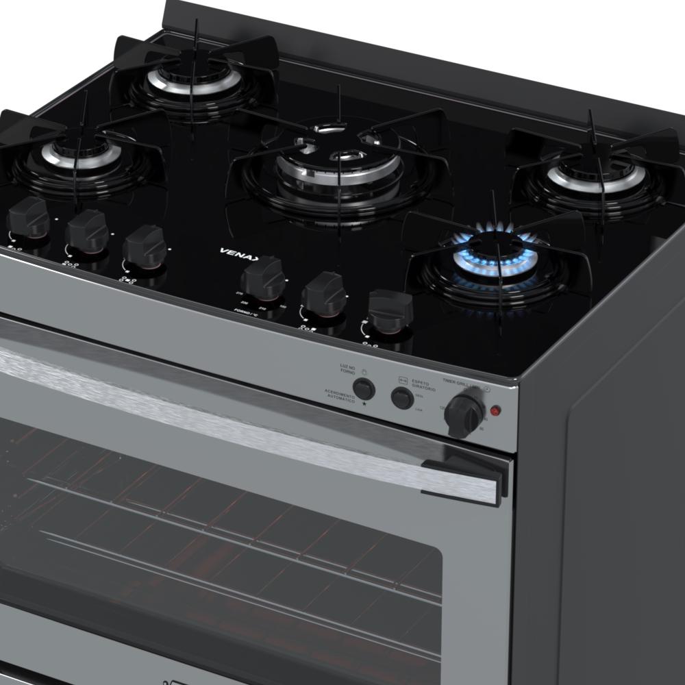 Fogao a Gas 5 Bocas Venax Gaudi Vetro Vitreo Inox