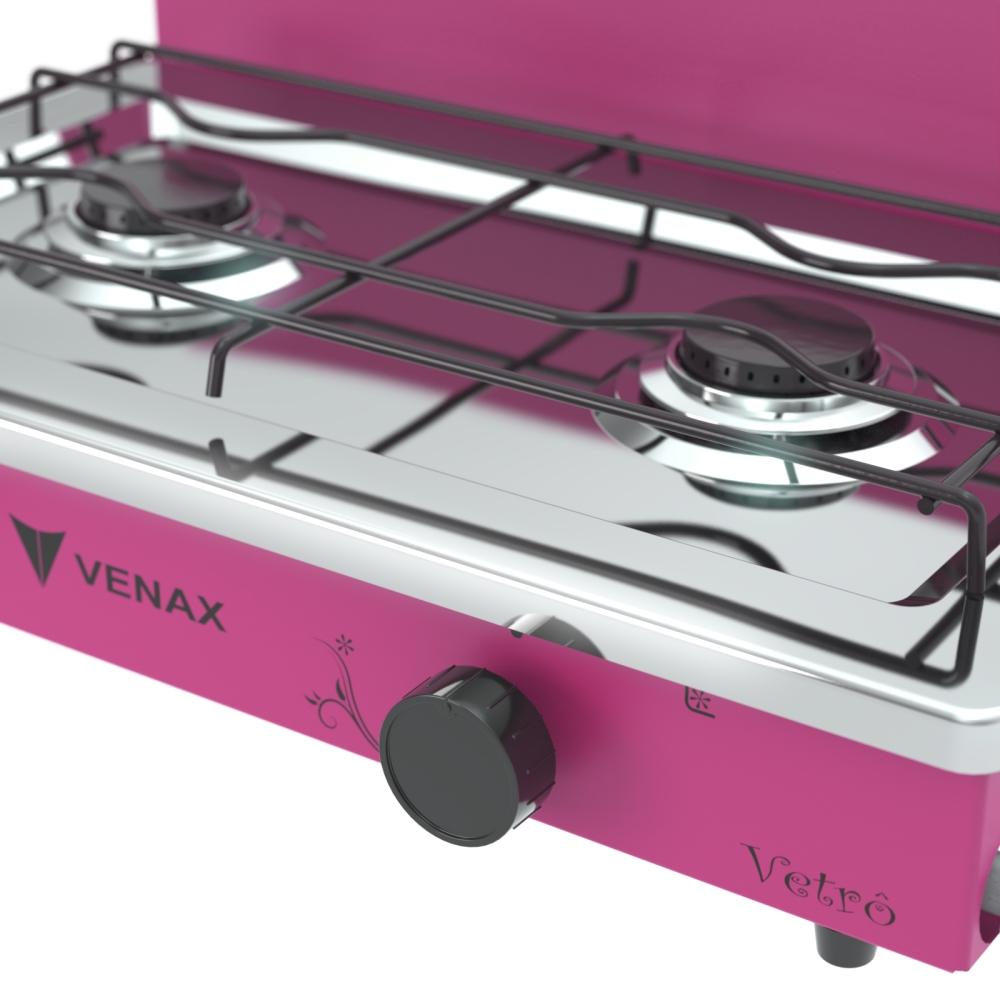Fogao a Gas Portatil 2 Bocas Venax Flamalar Vetro Pink