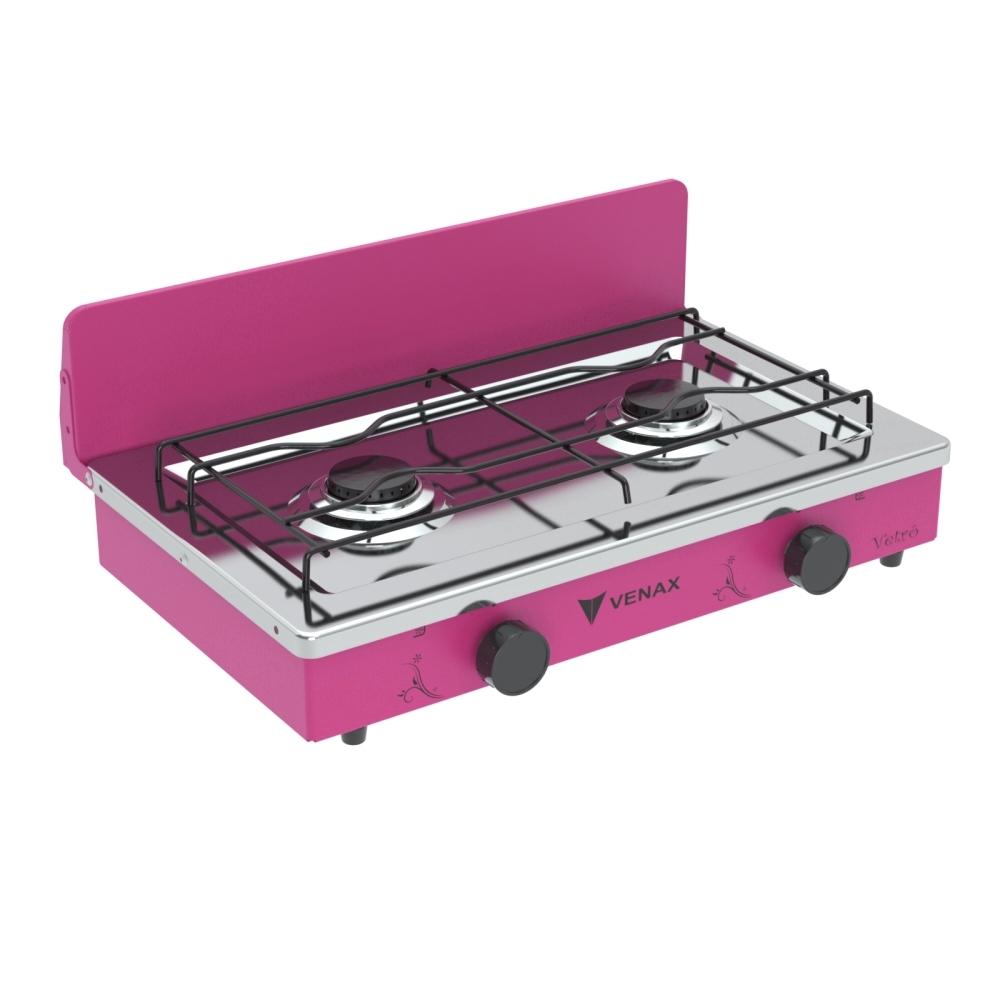 Fogao a Gas Portatil 2 Bocas Venax Flamalar Vetro Pink