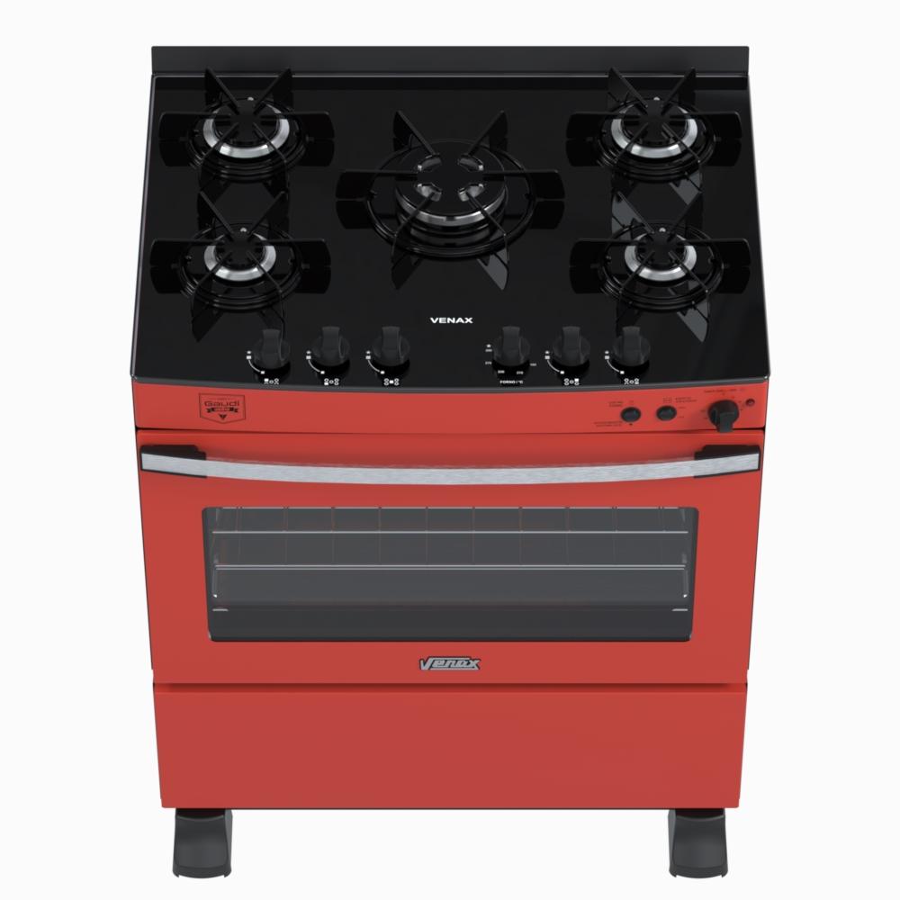 Fogao a Gas 5 Bocas Venax Gaudi Vetro Vitreo Vermelho
