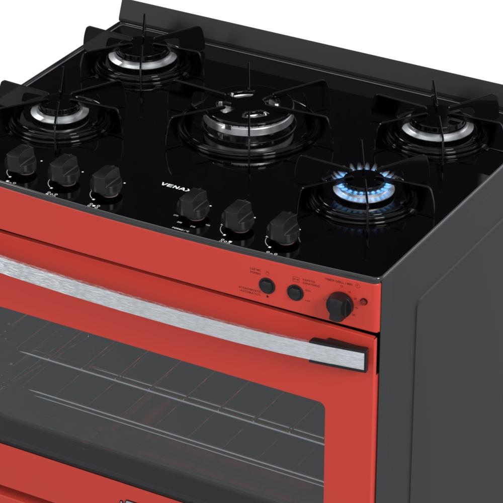 Fogao a Gas 5 Bocas Venax Gaudi Vetro Vitreo Vermelho