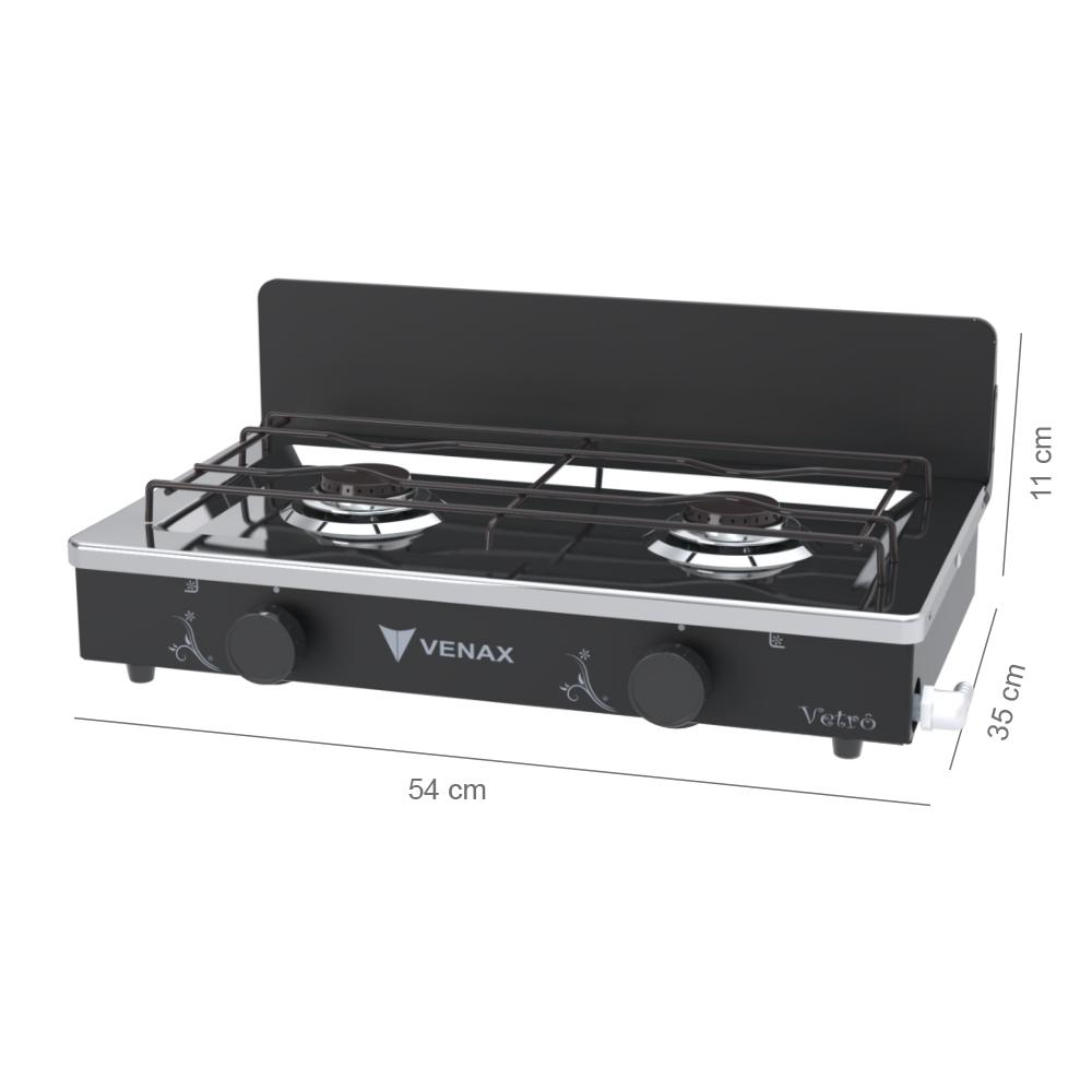 Fogao a Gas Portatil 2 Bocas Venax Flamalar Vetro Preto