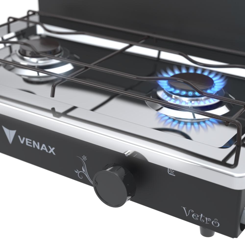 Fogao a Gas Portatil 2 Bocas Venax Flamalar Vetro Preto