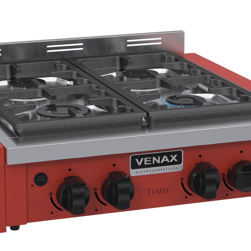 Fogao a Gas de Embutir de Bancada 4 Bocas Venax Temis Vermelho