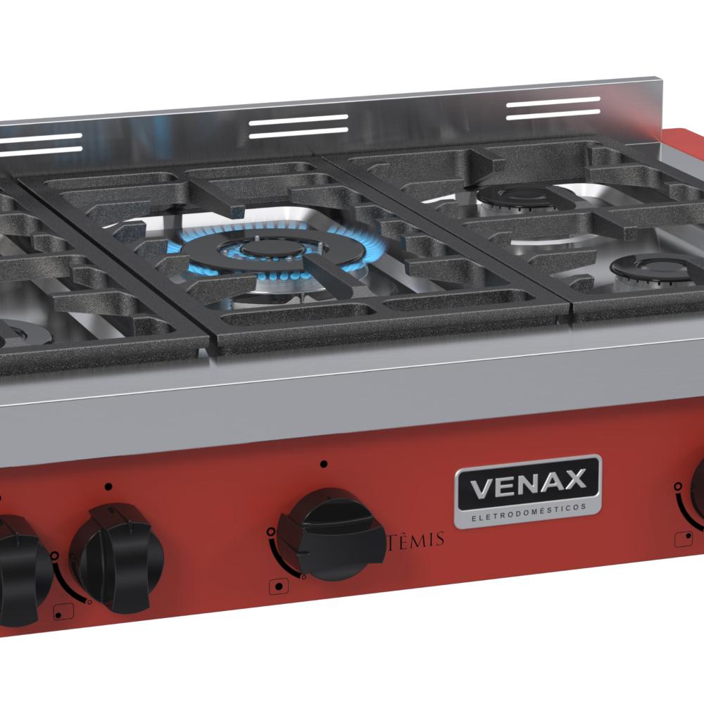 Fogao a Gas de Embutir de Bancada 5 Bocas Venax Temis Vermelho
