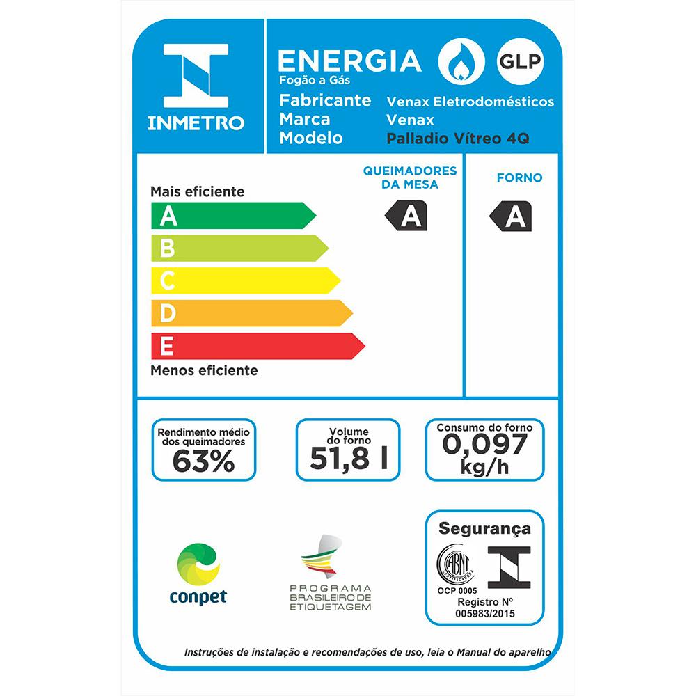 Fogao a Gas 4 Bocas Venax Palladio Vitreo Preto