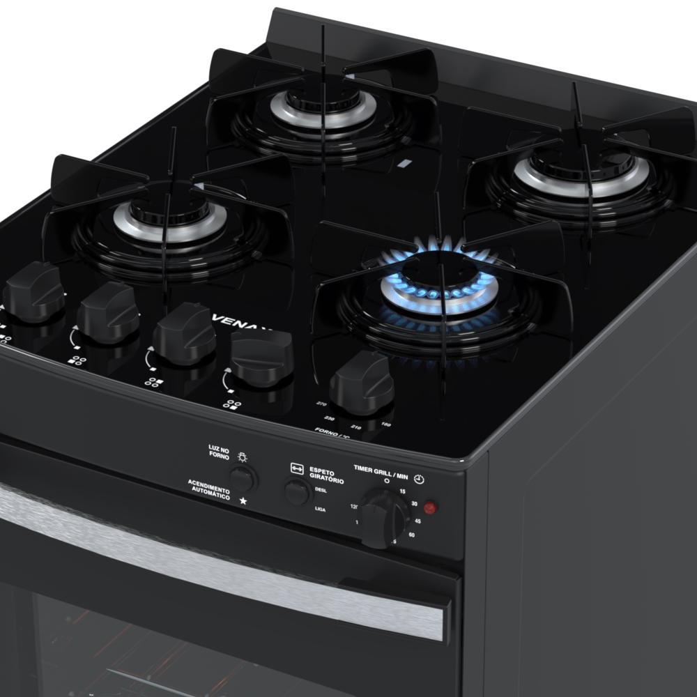 Fogao a Gas 4 Bocas Venax Gaudi Vetro Vitreo Preto