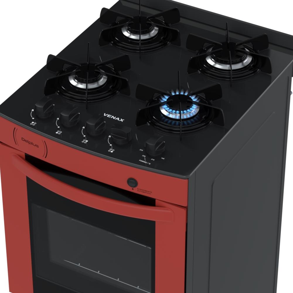 Fogao a Gas 4 Bocas Venax Delplus Vitreo BL Vermelho