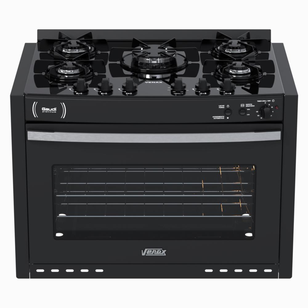 Fogao a Gas de Embutir 5 Bocas Venax Gaudi Platinum Vitreo Preto