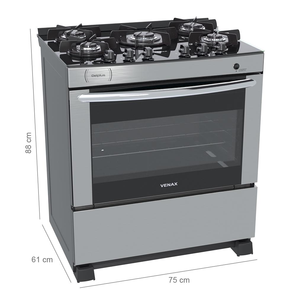 Fogao a Gas 5 Bocas Venax Delplus Vitreo BL Inox
