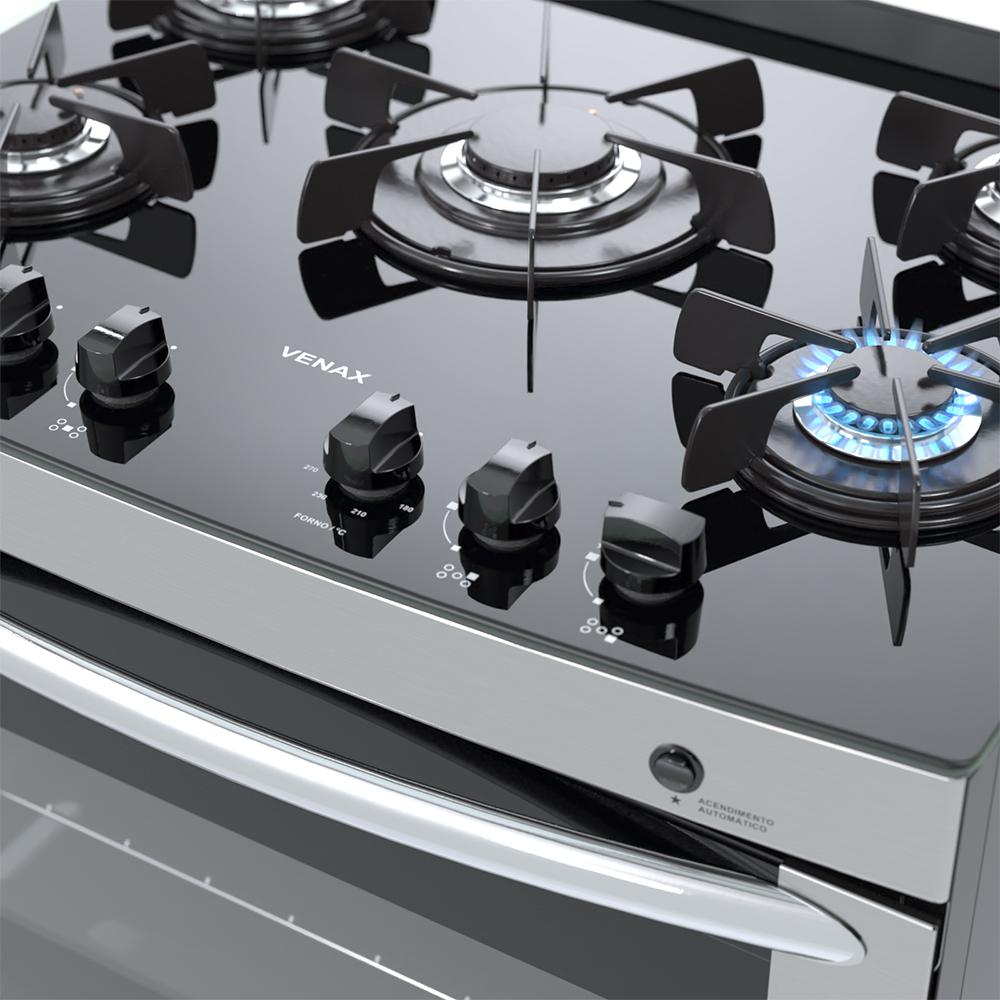 Fogao a Gas 5 Bocas Venax Delplus Vitreo BL Inox